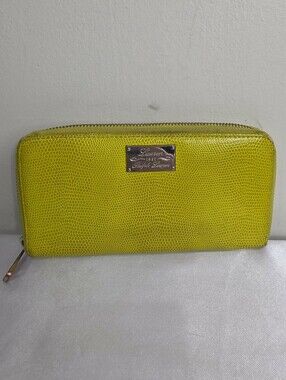 Ralph Lauren Yellow Lizard-Embossed Zip Wallet with Metal Logo Plaque